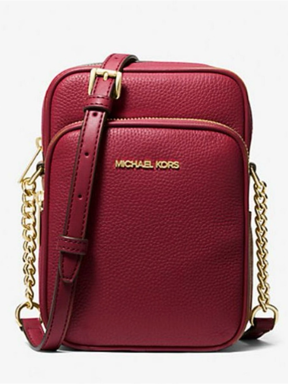 MICHAEL KORS Jet Set Pebbled Leather Crossbody Bag Cherry Red Gold Hardware
